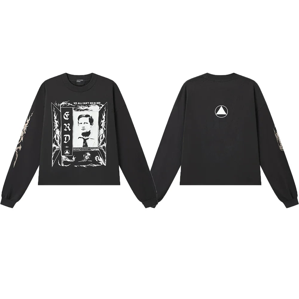 ERD “We All Can’t Die in Bed” Gothic Frame Long Sleeve T-Shirt — Black